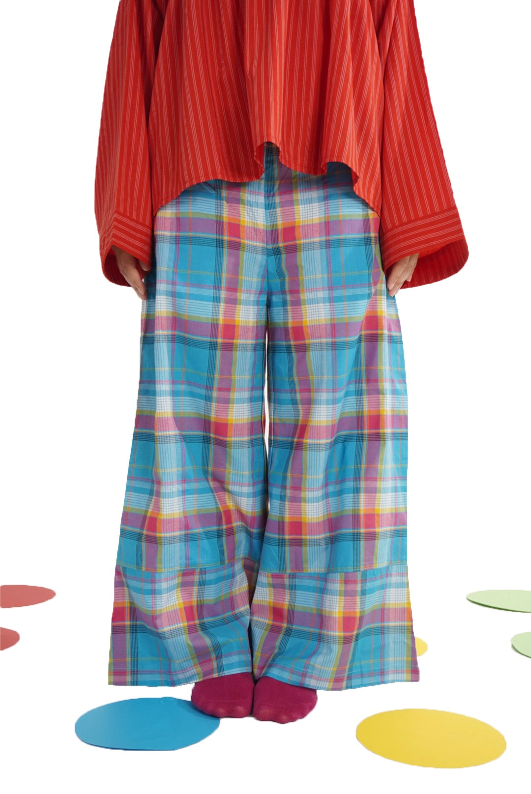 [Petite] Blue Gingham : Wide Pants